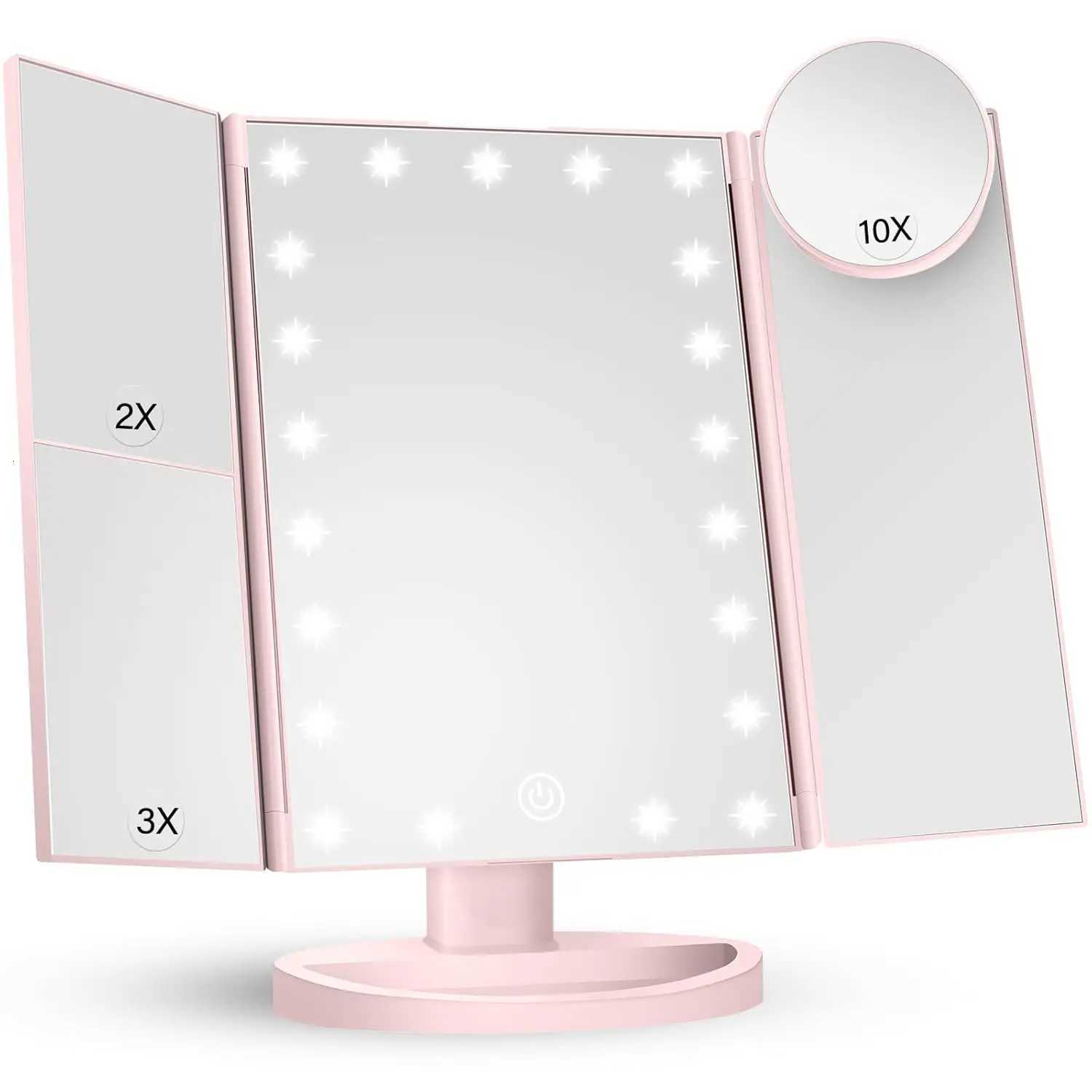 1pc Portable Makeup Mirror Vanity with LED Lights 2X 3X 10X Magnification Lighted Mirror Touch Control Trifold Dual Power SupplyT251213-image-1088316037