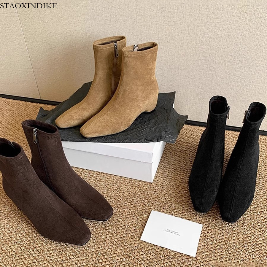 STAOXINDIKE Soft Leather Version ~ Retro Minimalist Slim Boots for Women, Elegant Square Toe, Internal Height Increase Short Boots, Side Zipper Slim