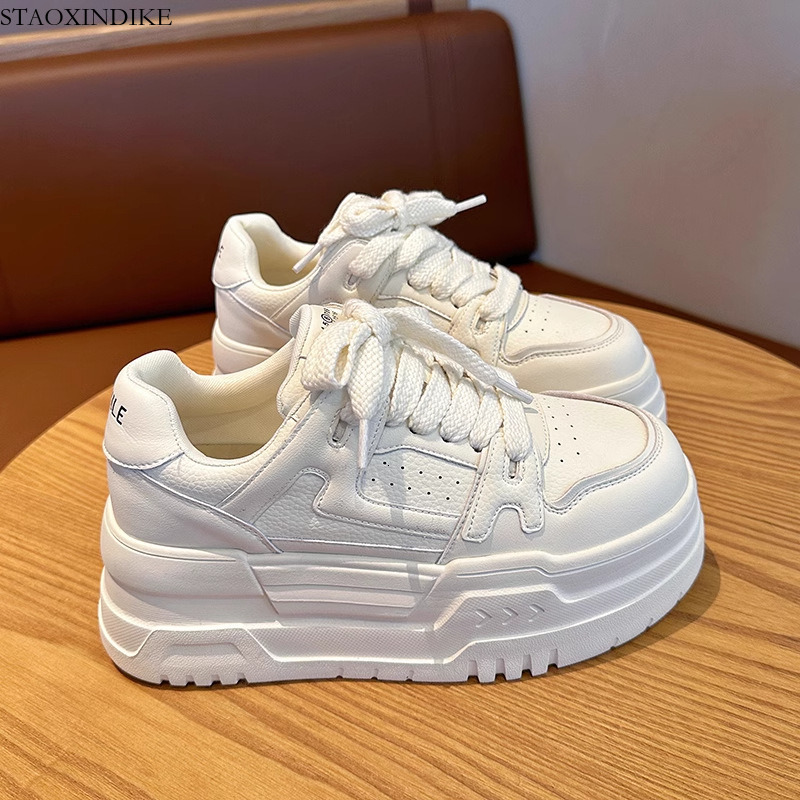 STAOXINDIKE Top Layer Cowhide Genuine Leather Thick Sole White Sneakers for Women 2025 Spring New Versatile Height Increasing Casual Sports Shoes
