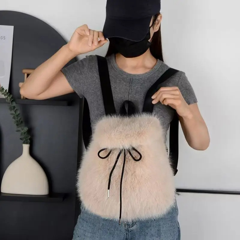 Zaino da donna in finta pelliccia di volpe Borsa a tracolla di grande capacità Studente Casual Coulisse Con patta magnetica Borsa da viaggio per scu