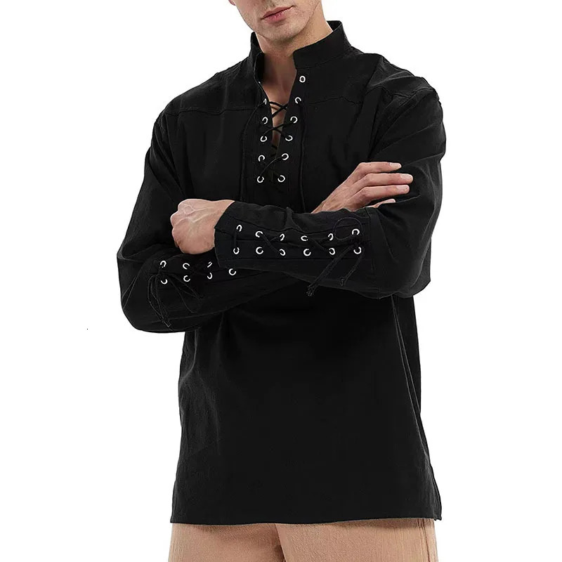 Spring Autumn Mens Gothic Polo Shirts Vintage Casual Stand Collar Solid Color Drawstring Long Sleeve Polos Men Punk Style Tops 251209