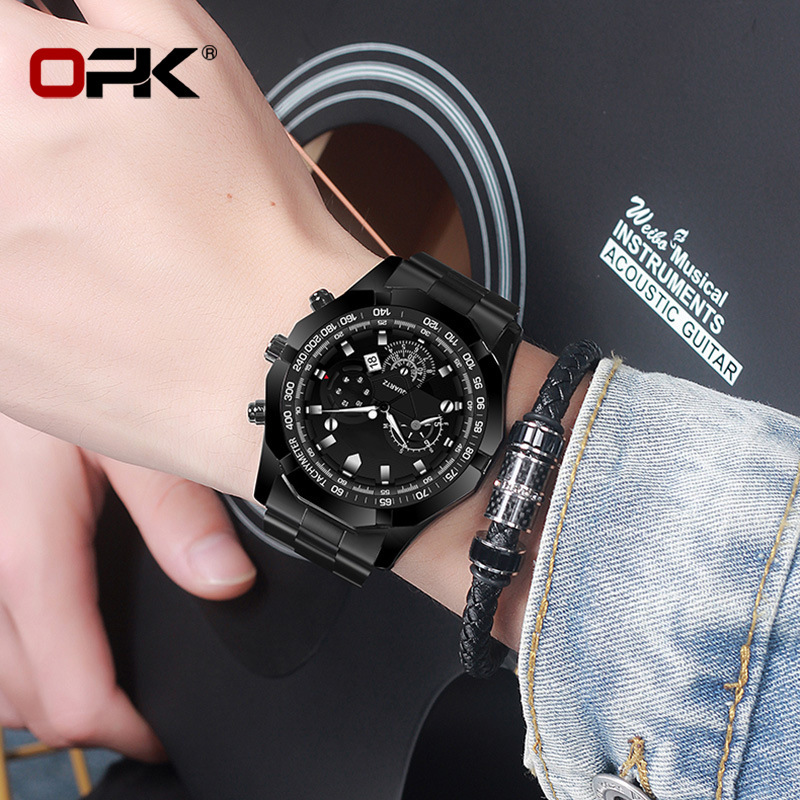 OPK Men's Chinese Style Watch, Analog-Digital Quartz Wristwatch with Complete Calendar - Silver-and-Black Stainless Steel Band, Round Glass Dial, Al