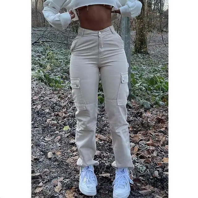 Jeans Women Cargo Pants Denim Washed Slim Pockets Solid Button High Waist Ankle Length Trousers Casual Pencil Denims 251212