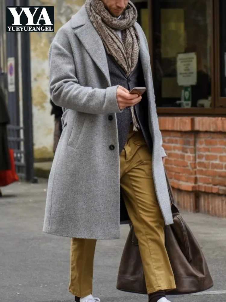 Medium Long Woolen Coat Men Winter Single Breasted Loose Fit Overcoat Solid Color Fashion Office Men Lapel Casual WindbreakersT251213