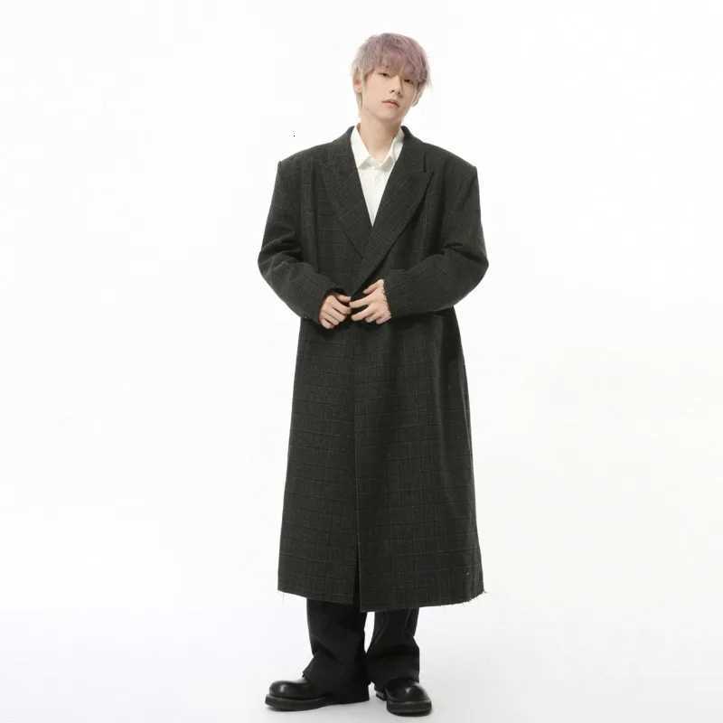 Korean Style High Street Mens Woolen Overcoats Casual Plaid Two Breasted Overknee Male Coats 2025 SpringT251213