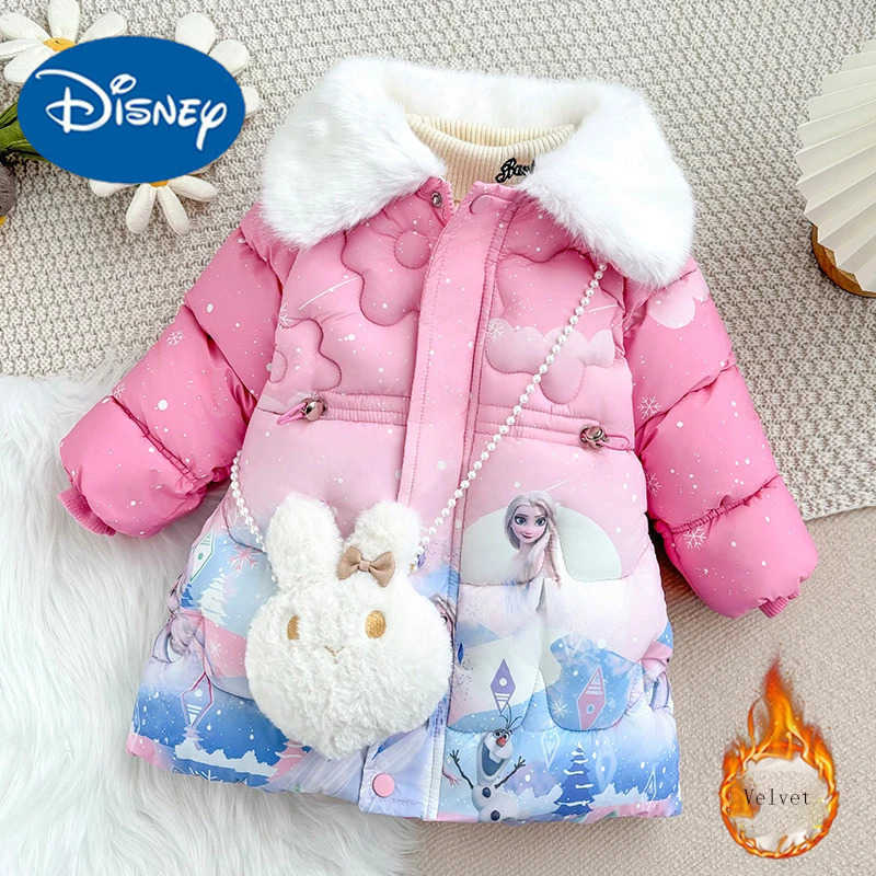 Disney Girl Elsa Princess Cotton Clothes New Childrens Plush Collar Loose Outerwear Baby Girl Mid-length Hooded Thickened Warm Coat H251213-image-1088254397
