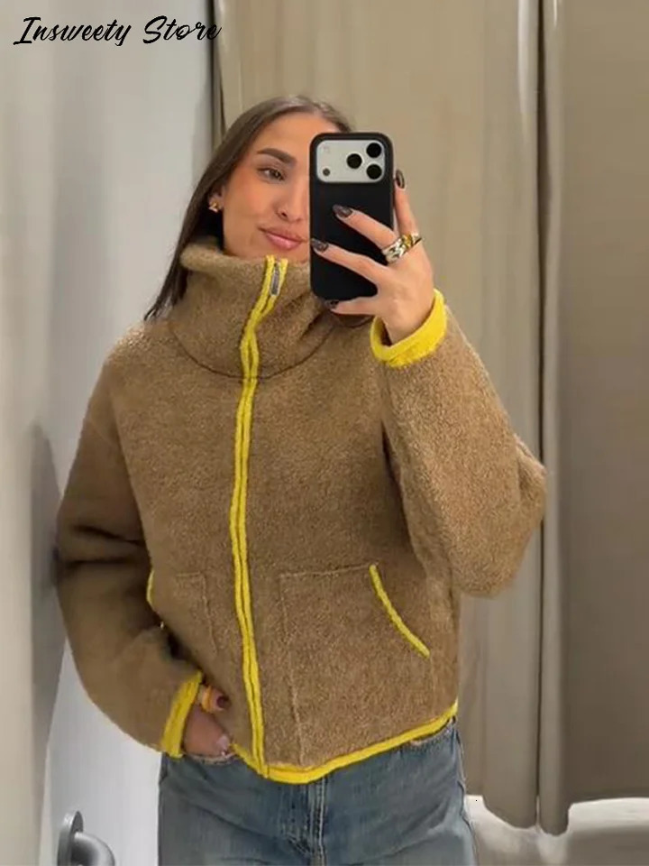 Fashion Contrast Knitted Jacket Womens Cozy Long Sleeve Pockets Zipper Lapel Coats 2025 Autumn Winter Lady Casual Outerwear251205