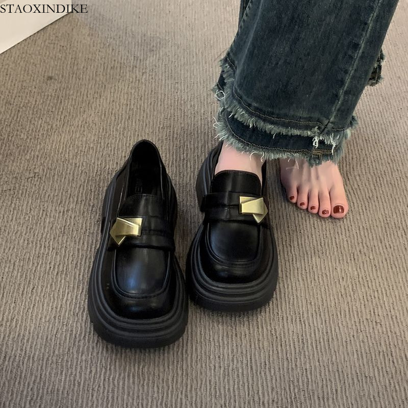 STAOXINDIKE Black Thick-Soled British Style Women's Leather Shoes 2025 Spring and Autumn New Retro Mary Jane Slip-On Loafers Single Shoes