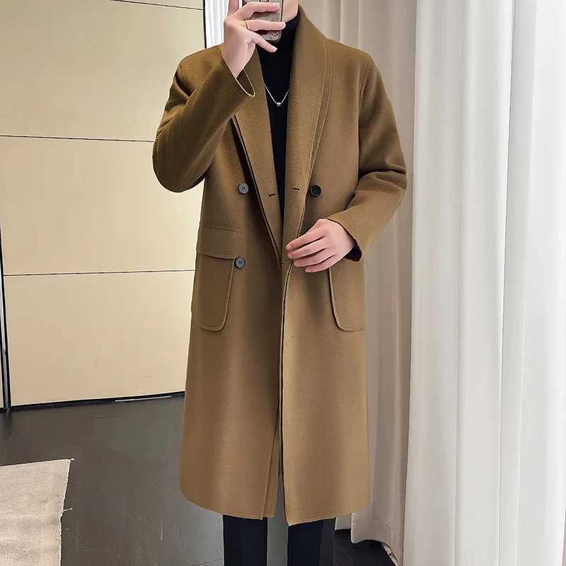 Mens overcoat Men Long Cotton CoatDouble-layer collar New Wool Blend Pure Color Casual Business Fashion Slim Windbreaker JacketT251213