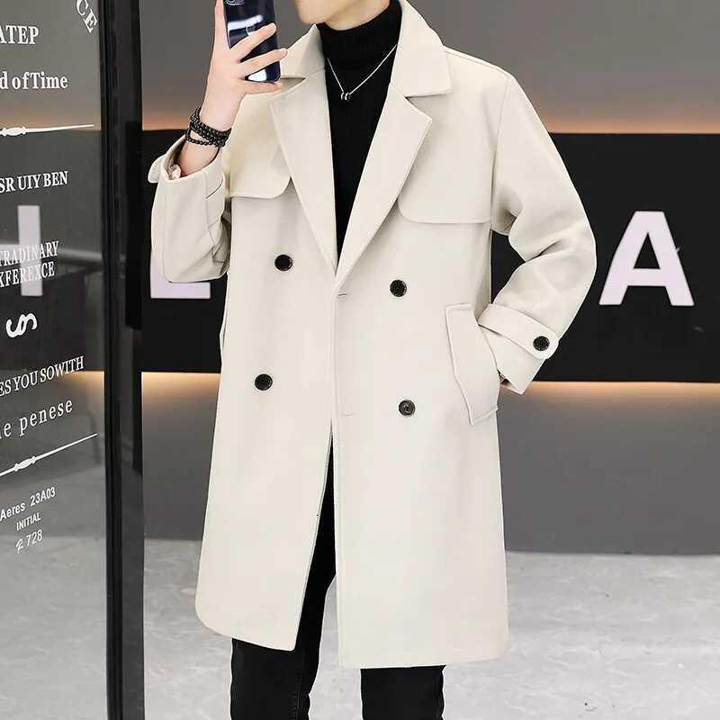 Mens Woolen Coat Mid-Length Trendy Solid Color Thickened Jacket Mens Autumn Winter High-End Casual Woolen Trench CoatT251213