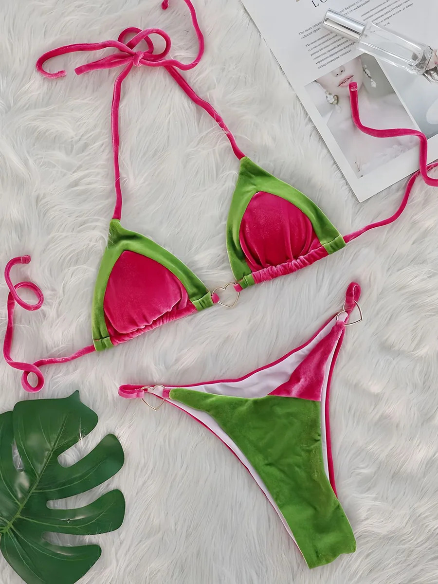 Splicing Halter Velvet Bikini Female Swimsuit Women Brazilian Swimwear Two-pieces Bikini Set High Cut Bathing Suit Swim 251211