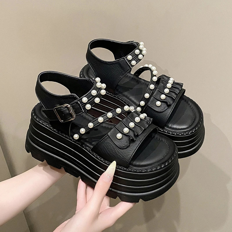 Women Sandals Summer Open Toe Buckle High Heels Shoes Black Punk Gothic Platform Sandals Sexy Rivets Thick Heels Shoes for Women 251209