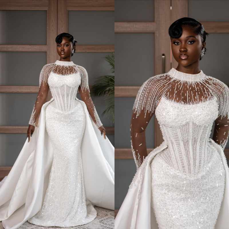 Luxurious Sequined Mermaid Bridal Gowns High Neck Long Sleeve Wedding Dresses Detachable Train Customized Vestidos De Novia