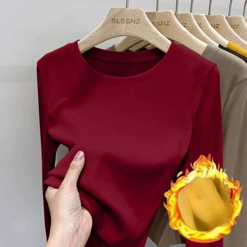 Autumn Winter Thermal Threaded Bottom Shirt Womens Solid Colorround Neck T-shirt Sweater Long Sleeve Warm Underwear 251205