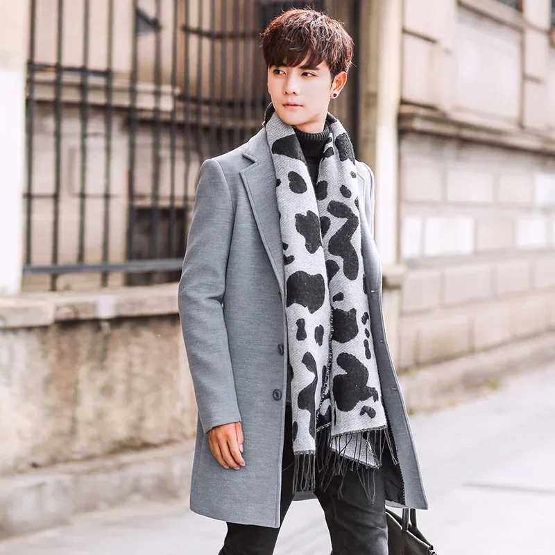 Mens Casual Long Windbreaker Slim Fit Large Size Coat Jacket Mens Solid Color Woolen Overcoat Autumn New Korean Style FashionT251213