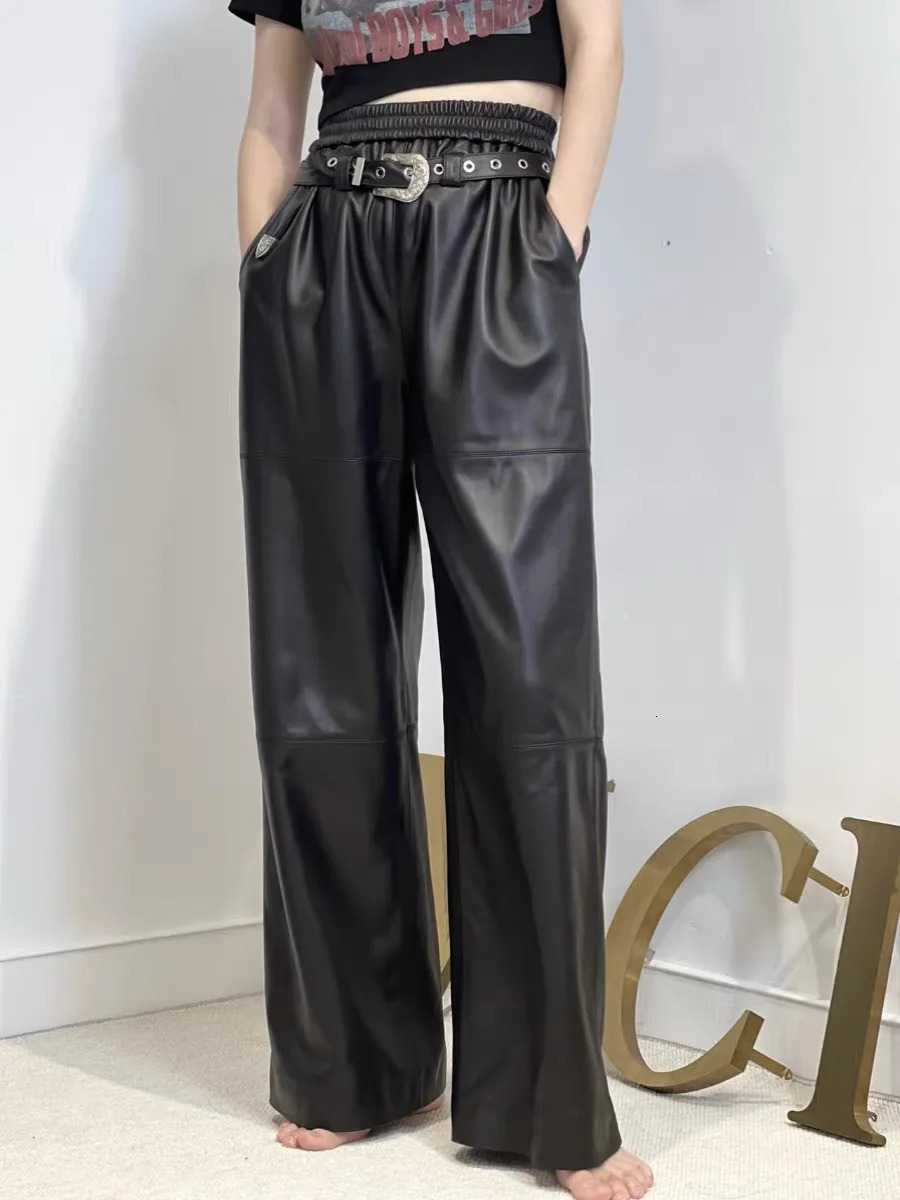 Y2K Cargo Pants Women High Waist Baggy Pants Korean Fashion Wide Leg Genuine Leather Trousers Streetwear Loose Style 251212