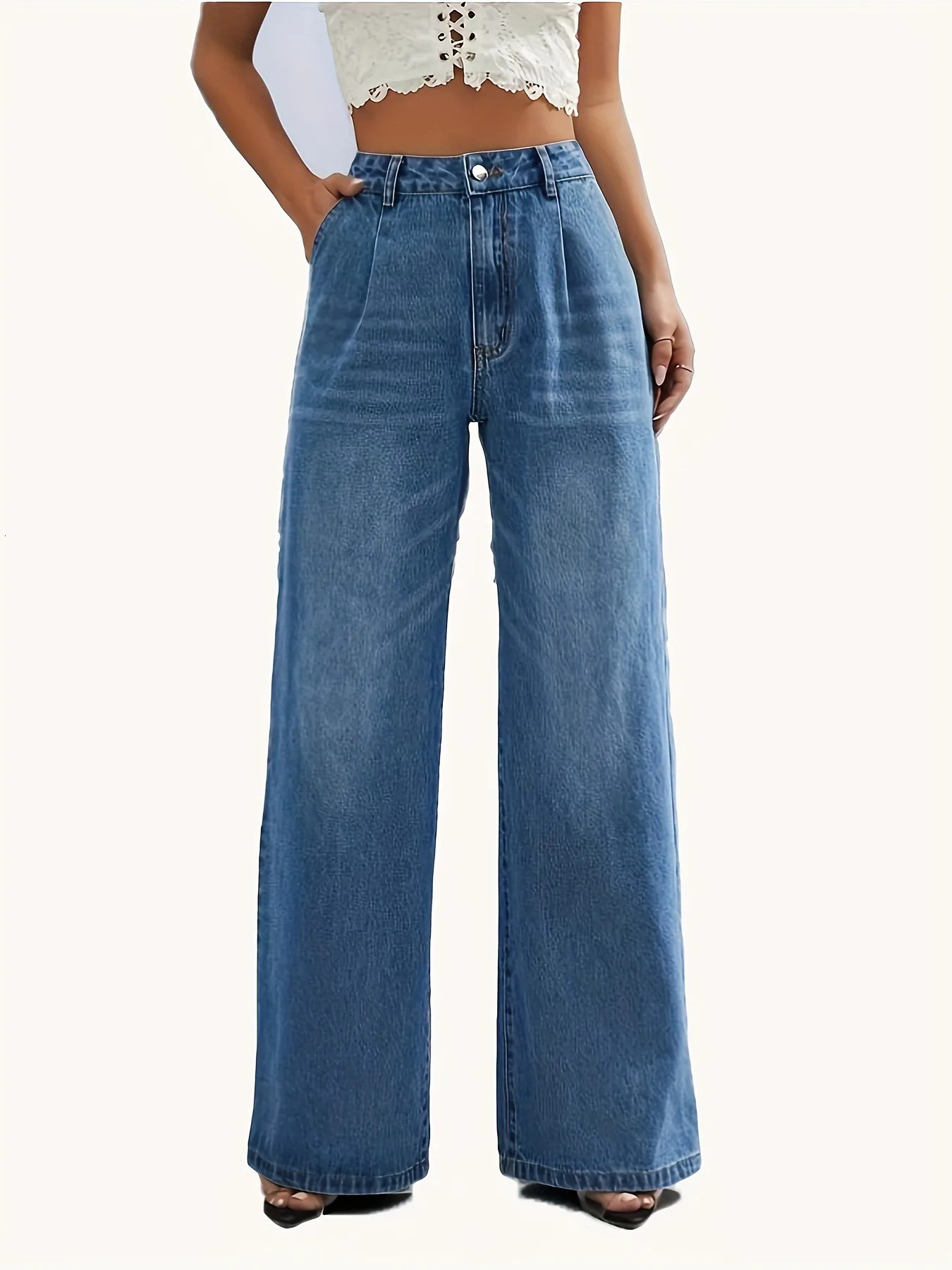 jeans da donna in tinta unita stile europeo e americano transfrontaliero pantaloni da donna dritti a gamba larga casual all-match251205