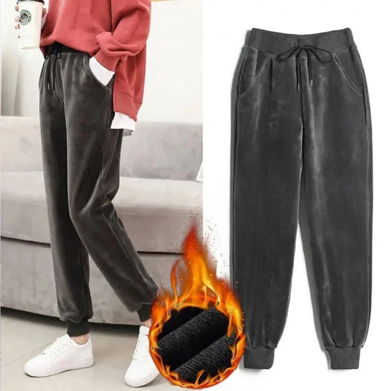 Pleuche Plus Velvet Thick Warm Elastic High Waist Lace Up Harem Womens Pants Korean Fashion Loose AnkleLength For Women 251211