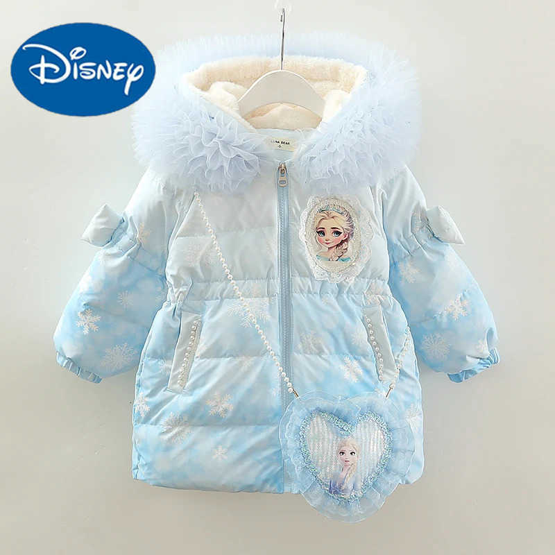 Disney Childrens Hooded Coats Fashion Cartoon Printed Elsa Princess Outerwears Autumn Winter Thicked Warm Girls Down Jacket H251213-image-1088254567