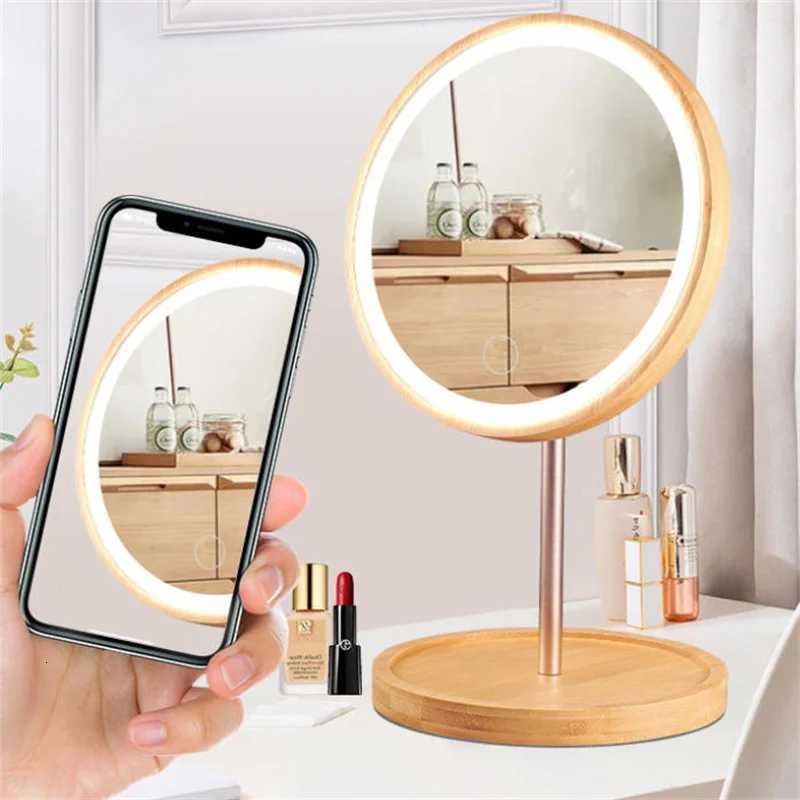 USB Rechargeable 1PC Wood Makeup Mirror 3 Modes With LED Light Daylight Vanity Mirror With Detachable Storage Base GiftT251213-image-1088274895