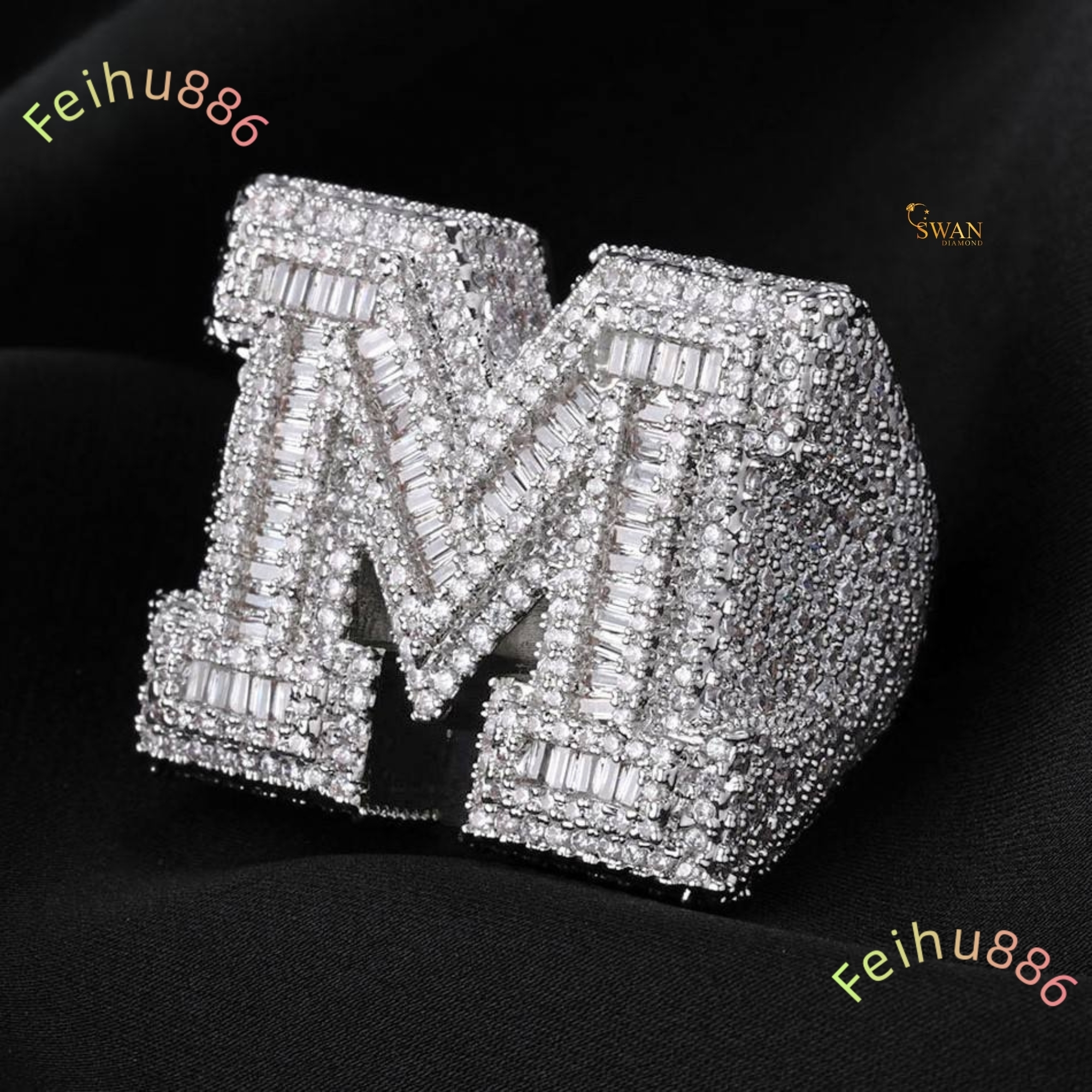 Iced Out M Letter Ring in 925 Sterling Silver with Lab Grown Diamonds vvs1 d color moissanite Hip Hop Jewelry for Mens Trendy Custom Streetwear Look