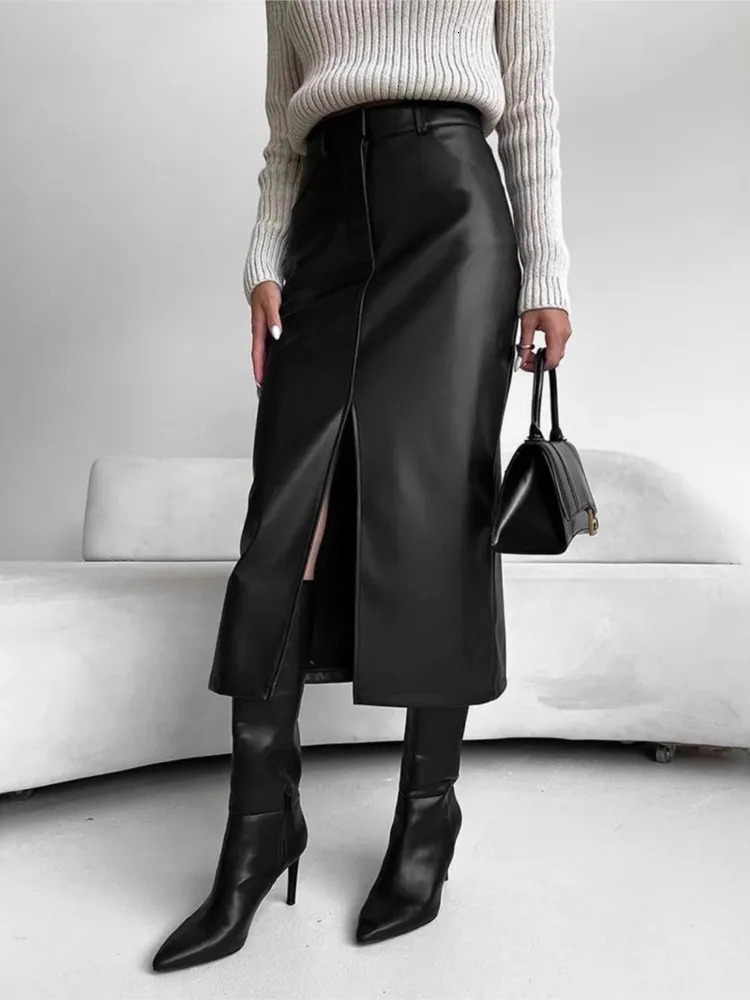 Leather Skirt High Waist Women Front Slit Spring Autumn Long Skirt High Waisted Office Lady Slim Skirts Elegant Ropa De Mujer251205