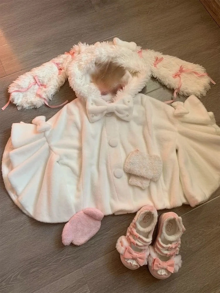 Winter Japanese Lolita Sweet Women Cloak Coat Fluffy Cute Girlish Hooded Woolen Cape White n Lovely Warm Clothing 2025 251128