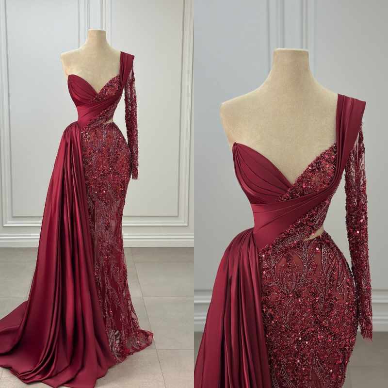 Sparkly Sequins Mermaid Prom Gowns One Shoulder Floor Length Evening Dresses Beadeds Dinner Party Customized
