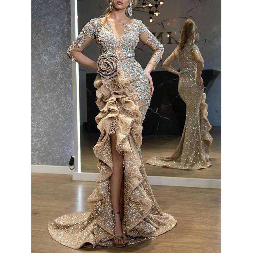 Autumn Winter Women S Elegant Sexy Draped Three Dimensional Floral Sleeve Crew Neck Long Evening Dresses Luxury