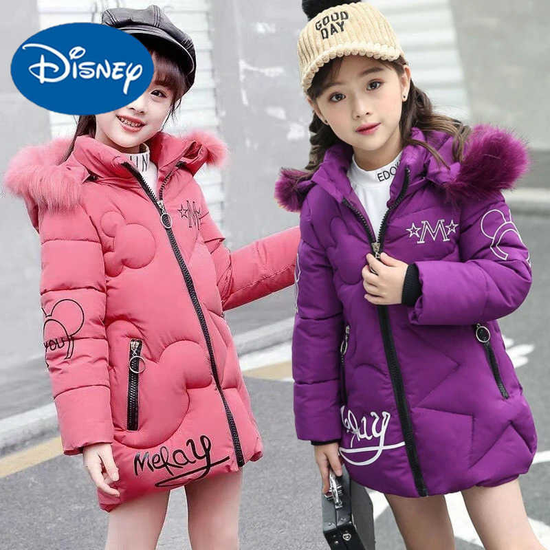 Disney 3-12 Years Winter Teen Girls jacket Long Style Letter Decoration Detachable Hat Lined With Velvet Hooded Thick Coat For Kids H251213-image-1088254350