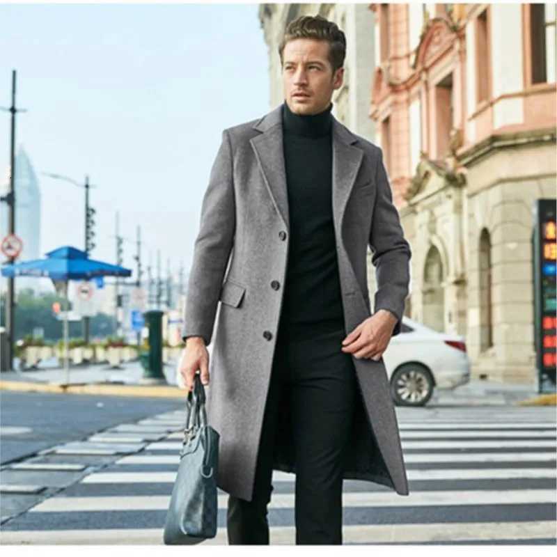 New Mens Woolen Overcoat Solid Color Long Sleeve Single Button Slim Fit Windbreaker Casual Autumn Winter Fashion OuterwearT251213