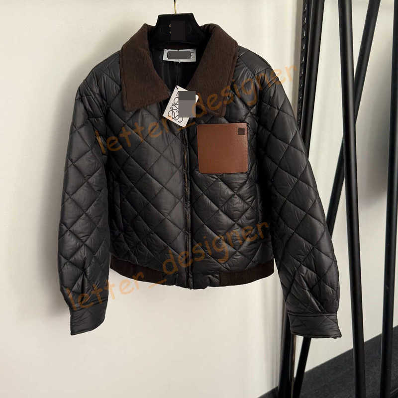 Designer Women's Jackets High-End Warm Elegant Autumn Winter New Trendy Leather Pocket Spliced Turn-Down Collar Padded Cotton Jacket