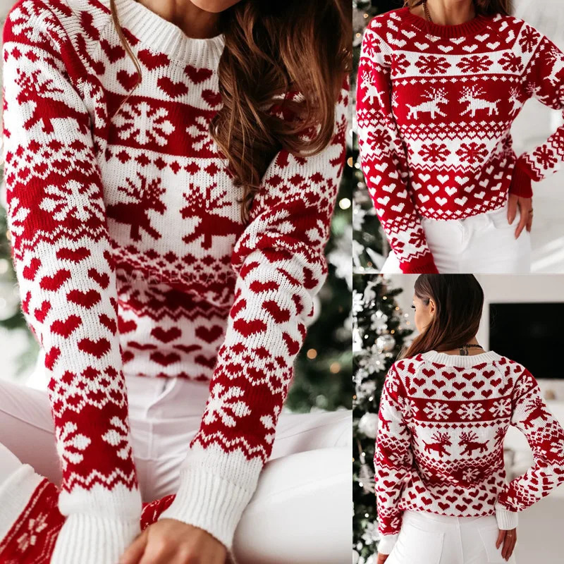Christmas Deer Long Sleeve Knitted Sweater Womens Style Comfortable Casual Fashion round Neck Fiber Material 251205