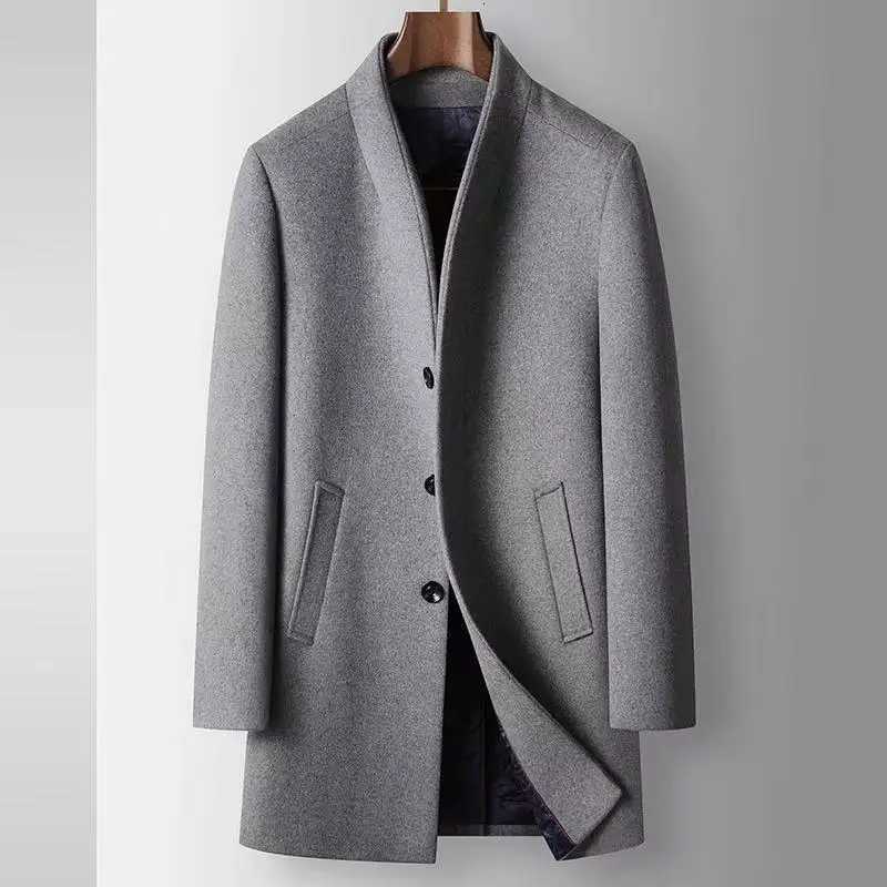 2025 Autumn/Winter New Mens Wool Coat Medium to Long with Cotton Thickened Warmth Business Windbreaker Coat CollarlessT251213