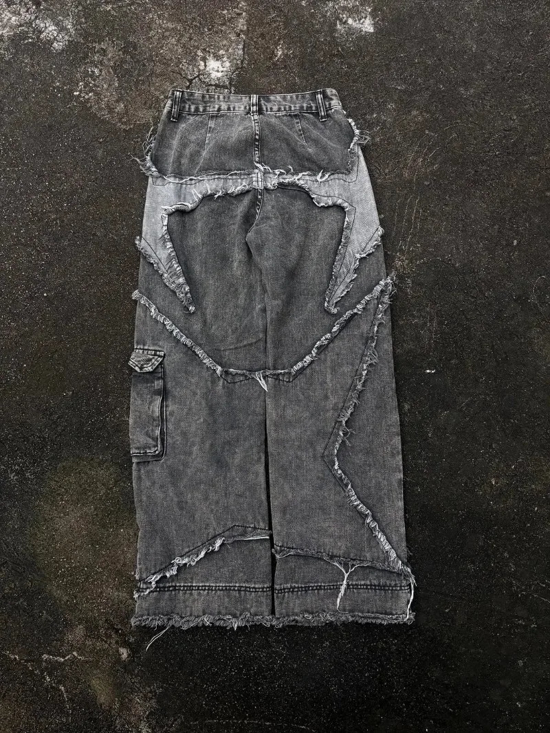 2025 Street retro Harajuku fringed star pattern Loose men jeans Y2K Hip hop Gothic trendy rock American wide leg pants 251210