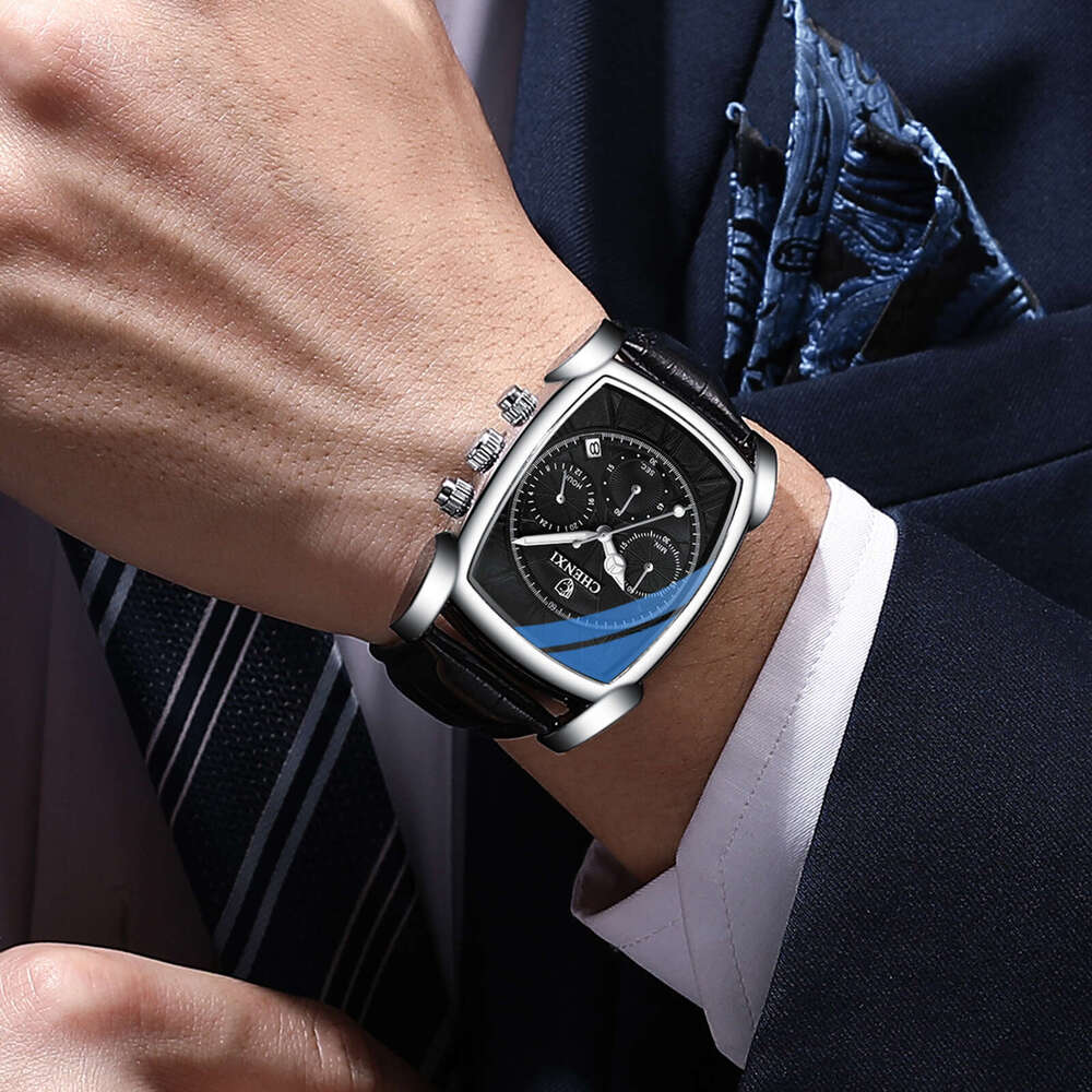 CHENXI New Multifunctional Sports Men's Genuine Leather Rectangular Waterproof Luminous Quartz Watch three eye calendar watch