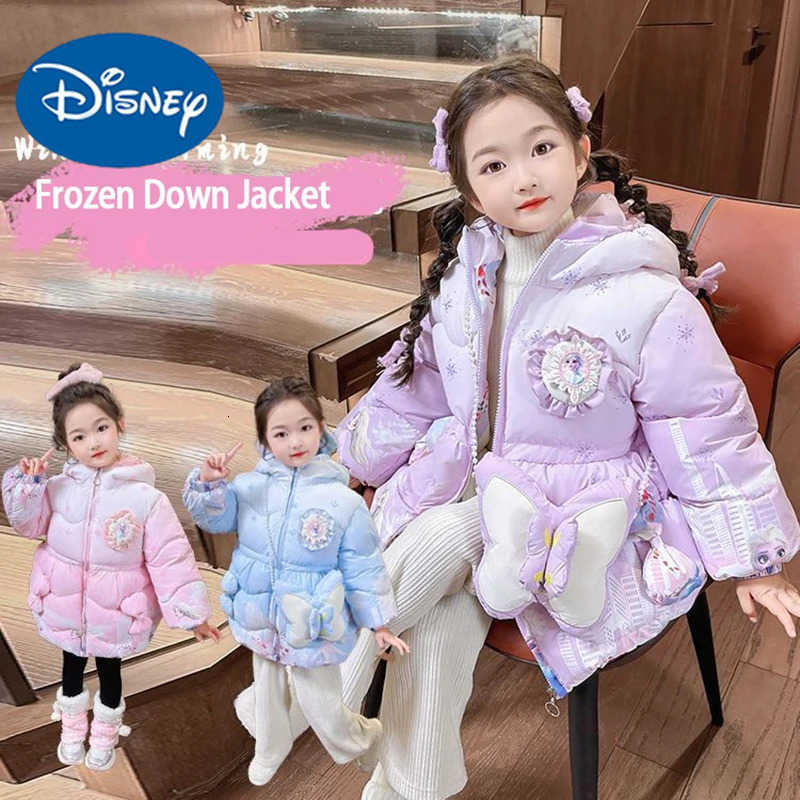 Disney Frozen Elsa Down Jacket For Girls 2025 Winter Kids Gradient Fleece Thickened Warm Long Sleeves Coats With Bag Children Snowsuit H251213-image-1088254202
