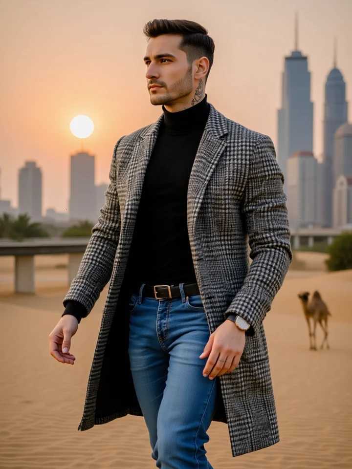 New Mens Houndstooth Trench Coat Single-Breasted Thickened Fleece Lined EU Winter Office OutdoorT251213