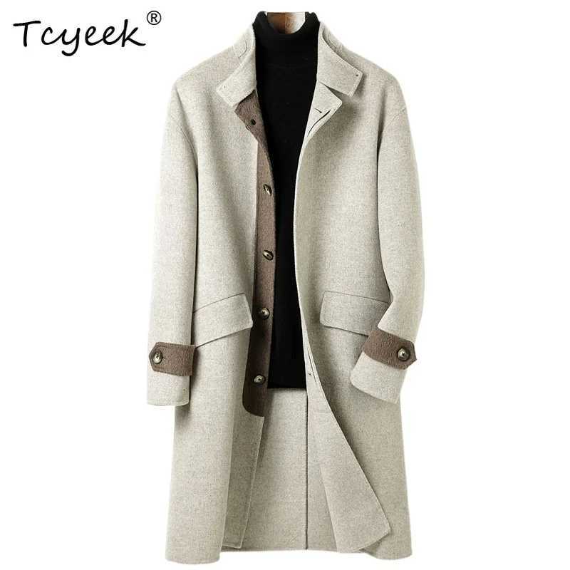 Tcyeek 100 Wool Autumn Winter High End Double Sided Wool Stand Collar Dropped Shoulder Sleeves Long Mens Wool Trench CoatT251213