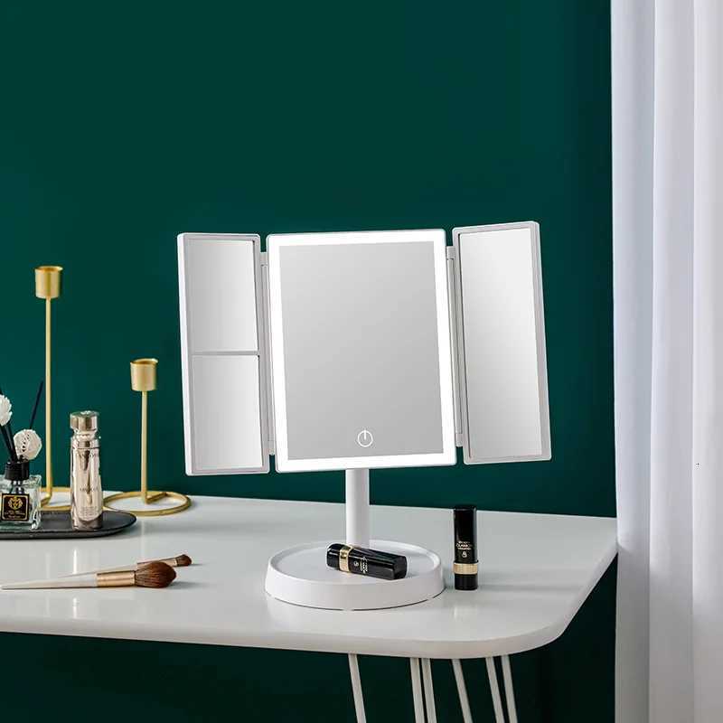 Tri-fold Lighted Vanity Makeup Mirror With 3x/2x Magnification LED 3 Color Light Countertop Cosmetic Mirror Travel Folding MakT251213-image-1088279416
