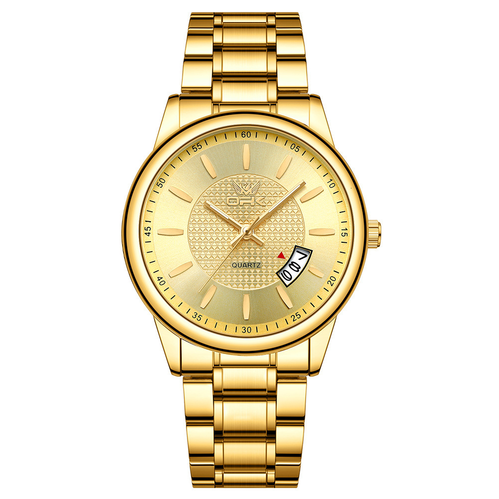 OPK Chinese-Style Men's Analog-Digital Quartz Watch, Gold-Tone Alloy Case, Blue Stainless Steel Band, LED Display, Complete Calendar, Round Dial, Gl