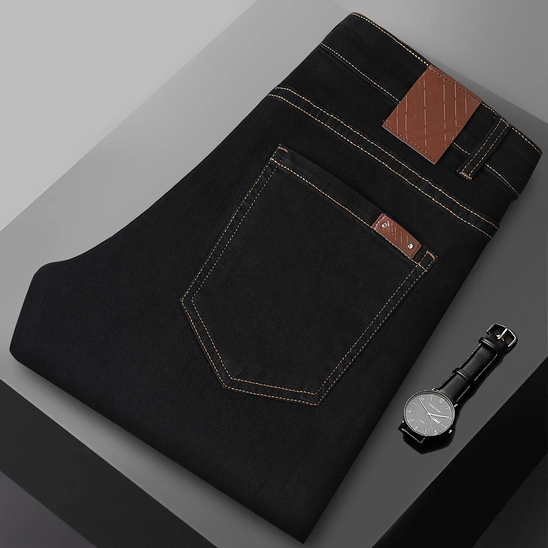 Clothing Black Mens Jeans Cotton Business Classic Slim Straight Solid Color Denim Pants Work Fashion Casual Trousers Male 251205