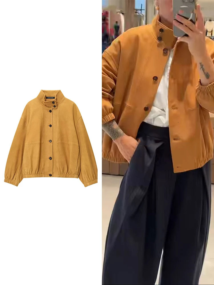 Autumn Womens Leather Bomber Jacket Fashion Stand Collar Full Sleeve Button Up Short Coat Solid Loose Ladies Trend Clothing 251212