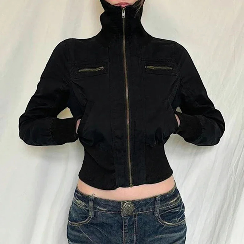 Streetwear Black Zip Up Jacket Autumn Winter Turtleneck Full Sleeve Cropped Jackets for Women y2k Vintage Ladies Outwear251205