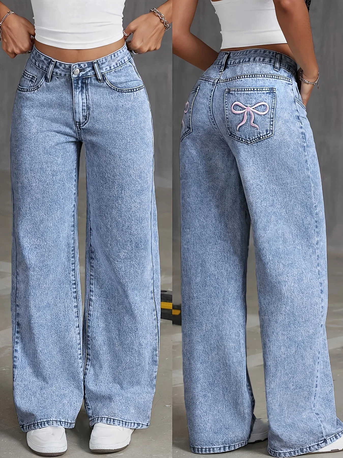 Womens Back Pocket Bow Embroidered Fashionable Wide Leg Pants Versatile Washed Denim Trousers251205