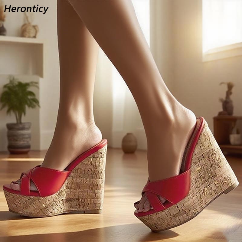 Sandali con zeppa estivi da donna fatti a mano con zeppa tacco alto punta tonda opaca piuttosto rosso giallo scarpe casual da donna taglie forti 5-2