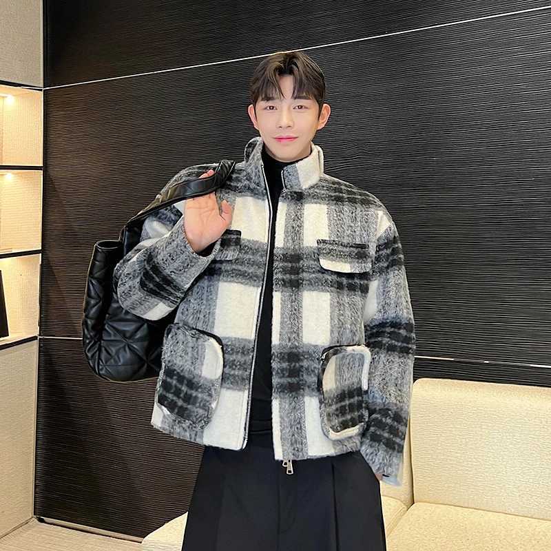 2023 New Men Plaid Jacket Wool Blend Streetwear Outerwear Autumn Winter Coat Contrast Color Peacoat Casual Men Trench Coat H42T251213