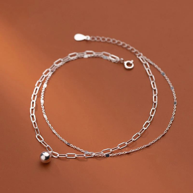 Round Beads Ankle Bracelets Woman Silver Chain 925 100 On The Leg Foot Jewelry Double Layer Chain 21 CM Adjustable Female Gift 251210