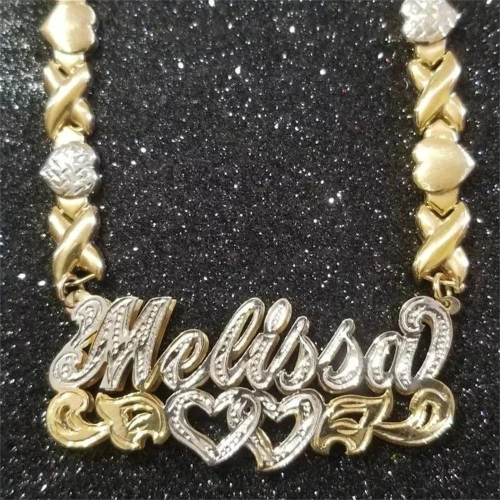 Personalized Custom Name Necklace Double Layer Two Tone Hollow Heart Necklace Gold Stainless Steel XOXO Heart Chain For Girls 251205