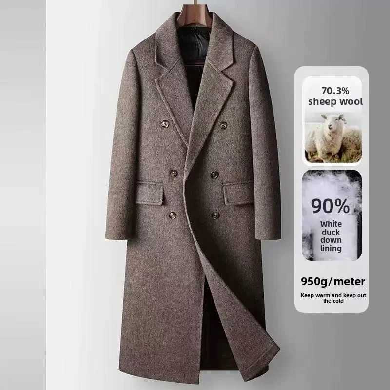 2025 Autumn/Winter New Mens Long Cross Knee Double breasted Windbreaker Coat Warm Woolen Coat White Duck Down Inner LinerT251213